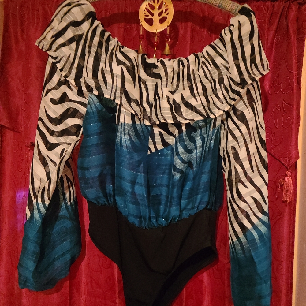 ZEBRA BLACK AND WHITE AND BLUE AND BLACK BODY SUIT